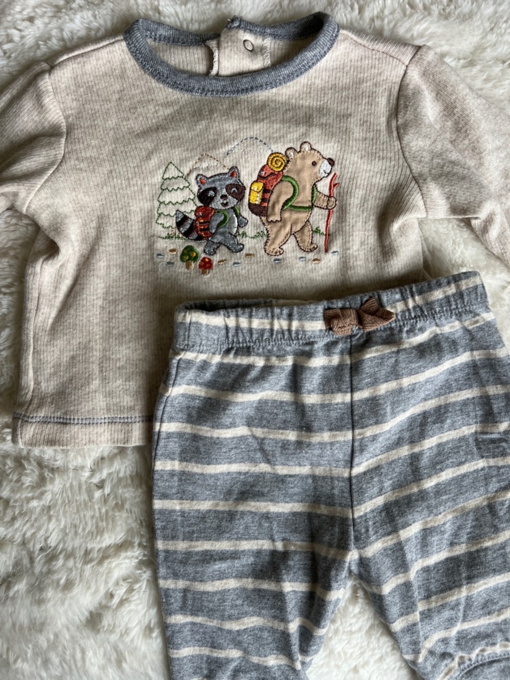 Little Me 2 PCS Cream Top Embroidered Animals Hiking & Gray Striped Pants 3M